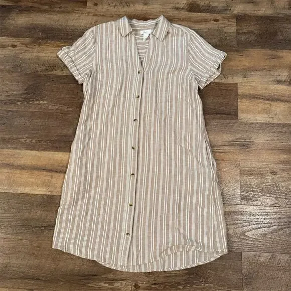 Japna | Dresses | Japna Striped Shirt Dress Beige Minimalist Linen Pockets  Nursing Breastfeeding | Poshmark